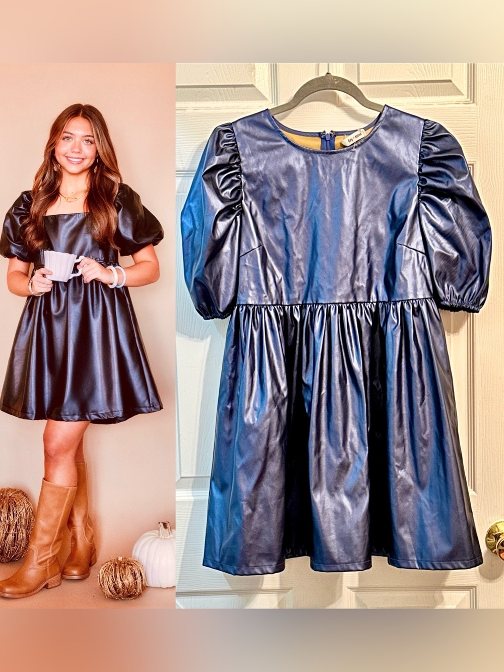 Day + Moon Blue Vegan Leather  Dress EUC SIZE small puff sleeves